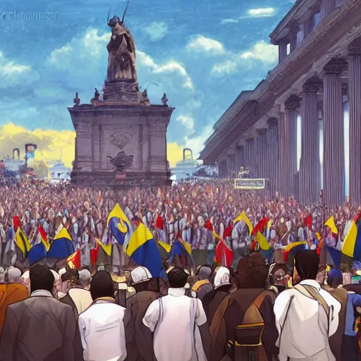 Image similar to Colombia new president at the Plaza de Bolivar by makoto shinkai , pixiv, 4k, detailed, high quality, full colored,