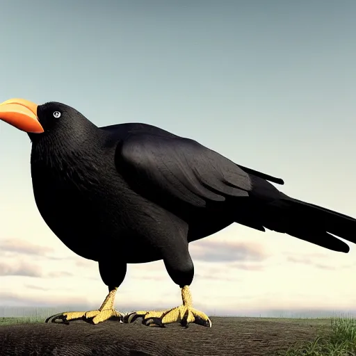 Image similar to a giant crow with a large straight black beak, photorealistic computer animation, film by Jon Favreau