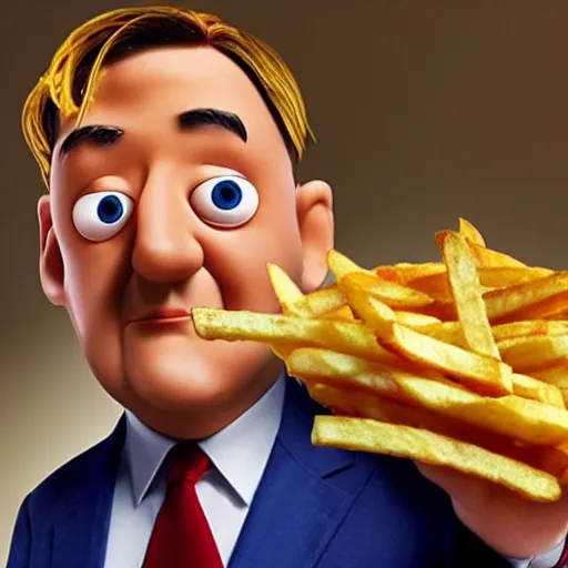 Image similar to photo of [ a single french fry chip ] shaped into stephen fry as a pixar character hybrid intercross mix cinematic lighting