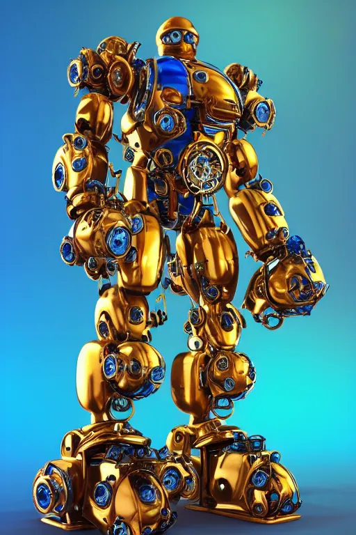 Prompt: portrait photo of a giant muscular golden and blue metal steampunk robot bodybuilder bouncer security with gears and tubes, eyes are police lights, shiny crisp finish, 3 d render, 8 k, insaneley detailed, fluorescent colors, background is multicolored lasershow