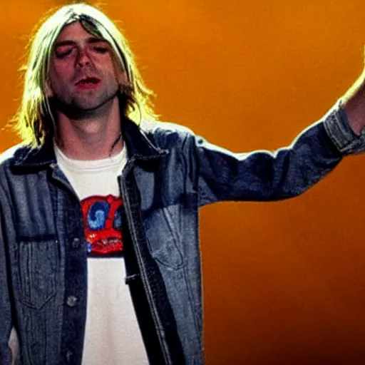 Prompt: Kurt Cobain (Nirvana) on stage at a concert if he was still alive today, 2022, alternate reality picture