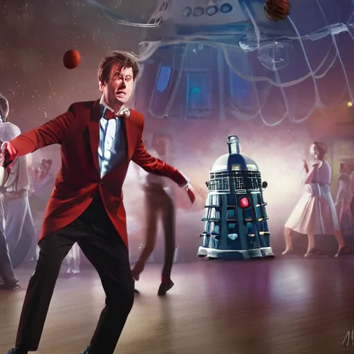 Prompt: the tenth Doctor Who at a polka dancing contest at the YMCA basketball gym, everyone in the background clapping including a Dalek, the Tardis in the background door is open, cgsociety, artstation, UE5, 8K, 4K, HQ