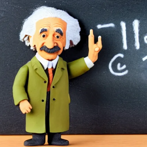 Prompt: claymation miniature scene of albert einstein finger pointing standing in front of miniature blackboard with lots of mathematical formulas chalked on, anatomically correct hands