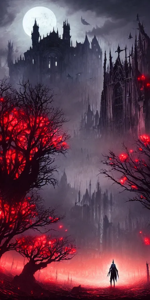 Image similar to abandoned bloodborne old valley with a person at the centre and a ruined gothic city at the end with a big castle, trees and stars in the background, falling red petals, epic red - orange moonlight, perfect lightning, wallpaper illustration by niko delort and kentaro miura, 4 k, ultra realistic