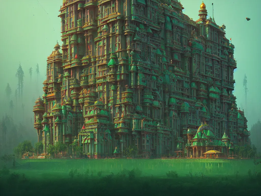 Image similar to emerald palace, moody:: Simon Stålenhag and beeple and James Gilleard and Justin Gerard :: ornate, dynamic, particulate, intricate, elegant, highly detailed, centered, artstation, smooth, sharp focus, octane render, 3d