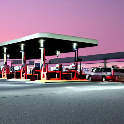 Prompt: a gas station at nighttime, screenshot, extreme long shot, cold lighting, Vaporware style