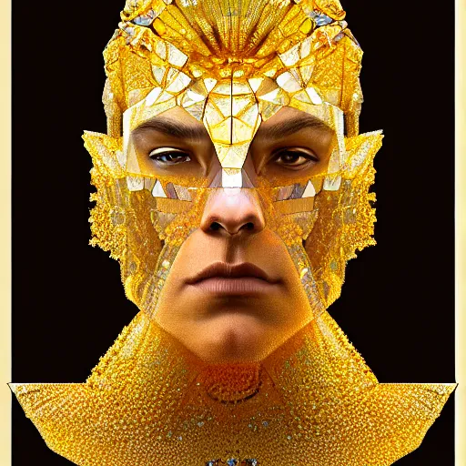 Image similar to halfturn portrait of a big crystal face, made of golden crystals, half - turn, bottom view, ominous, intricate, studio, art by anthony macbain + greg rutkowski + alphonse mucha, concept art, 4 k, sharp focus