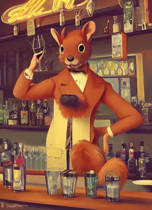 Prompt: squirrel anthro as a dapper bartender with an enormous fluffy tail, retro futurism, art deco, detailed painterly digital art by WLOP and Cory Loftis, 🐿🍸🍋, furaffinity, trending on artstation
