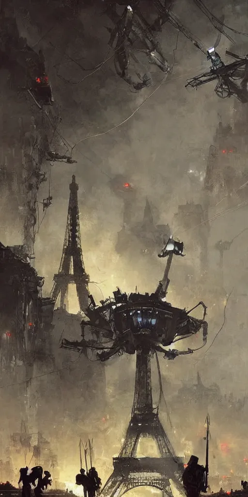 Prompt: war of the worlds, giant mech attack paris, human soldiers, eiffel tower! intense fighting, glowing lights!! digital painting, very detailed, art by jakub rozalski