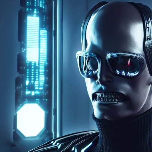 Image similar to evil cyberpunk dark lord, highly detailed, photorealistic portrait, bright studio setting, studio lighting, crisp quality and light reflections, unreal engine 5 quality render