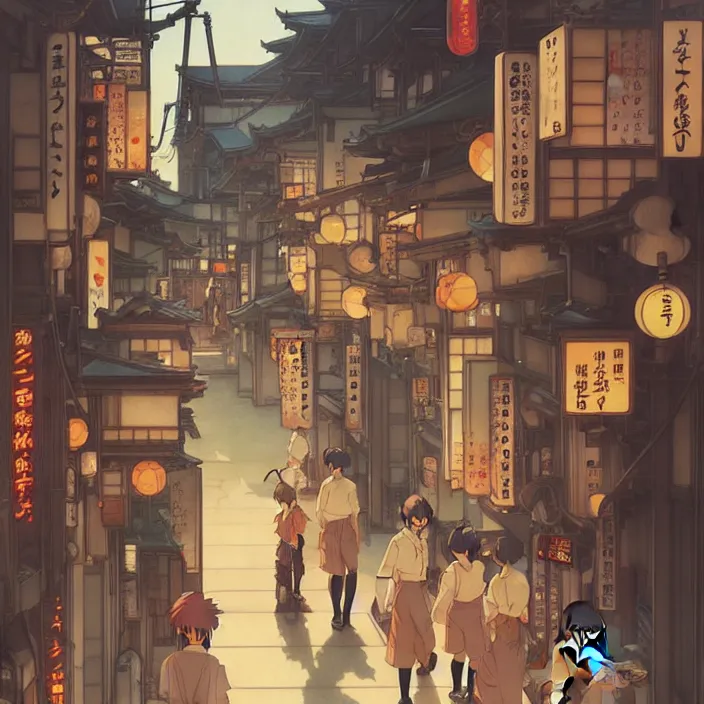 Image similar to japanese big city, summer, in the style of studio ghibli, j. c. leyendecker, greg rutkowski, artem