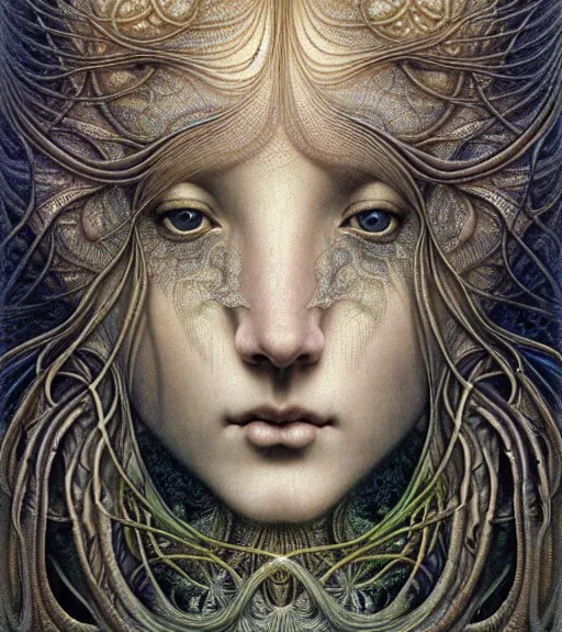 Image similar to detailed realistic beautiful fish goddess face portrait by jean delville, gustave dore, iris van herpen and marco mazzoni, art forms of nature by ernst haeckel, art nouveau, symbolist, visionary, gothic, neo - gothic, pre - raphaelite, fractal lace, intricate alien botanicals, ai biodiversity, surreality, hyperdetailed ultrasharp octane render