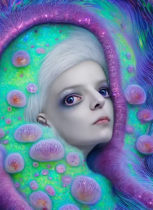 Image similar to hyper detailed 3d render like a Oil painting - kawaii portrait Aurora (white haired Singer Ferret) seen Eating of the Strangling network of yellowcake aerochrome and milky Fruit and Her delicate Hands hold of gossamer polyp blossoms bring iridescent fungal flowers whose spores black the foolish stars by Jacek Yerka, Mariusz Lewandowski, Houdini algorithmic generative render, Abstract brush strokes, Masterpiece, Edward Hopper and James Gilleard, Zdzislaw Beksinski, Mark Ryden, Wolfgang Lettl, hints of Yayoi Kasuma, octane render, 8k