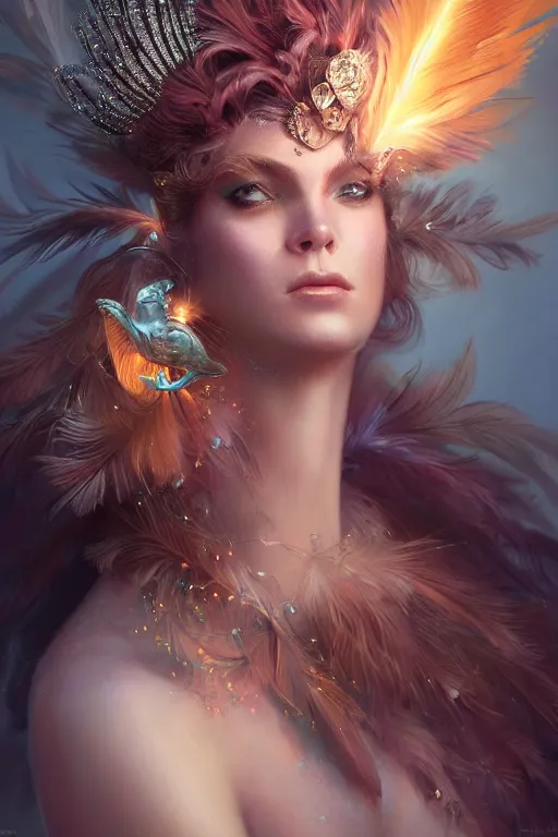 Image similar to face closeup of a beautiful model wearing feather mask, casting magic spell holding diamonds, angel, fantasy, dramatic lighting, highly detailed, digital painting, holding electricity, magic the gathering, hyper detailed, 3 d render, hyper realistic detailed portrait, peter mohrbacher, wlop, ruan jia