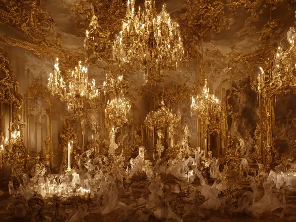 Prompt: Solemn Ghosts Appear in an Opulent French Baroque Ballroom, Hyperrealism, dramatic lighting, spooky, atmospheric