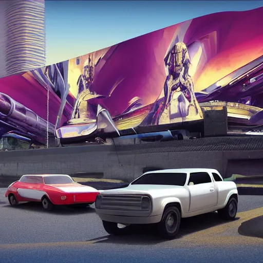 Image similar to sci-fi cars trucks motorcycles 50% of canvas in center and wall near structure on the coronation of napoleon painting and digital billboard in the middle and everything in style of zaha hadid and suprematism forms unreal engine 5 keyshot octane artstation trending bladerunner 2049 colors lighting ultra high detail ultra photo realistic 8k 16k in plastic dark tilt shift