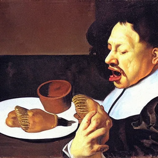 Prompt: a painting of a frustrated painter eating ice cream in diego velazquez style