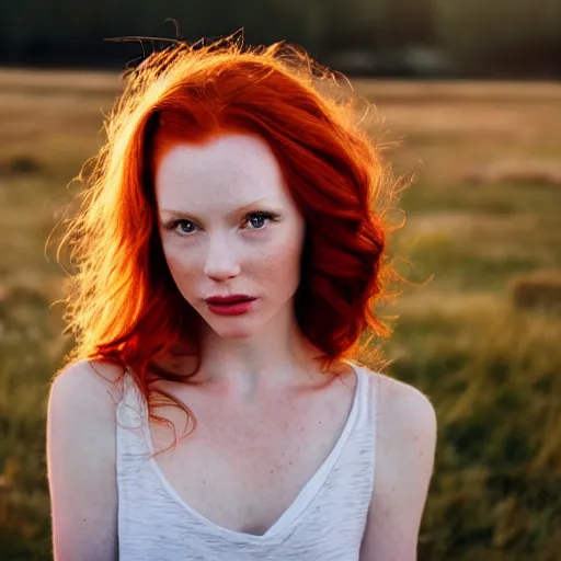 Image similar to beautiful redhead woman looking up at an angle full body with magic hour light y