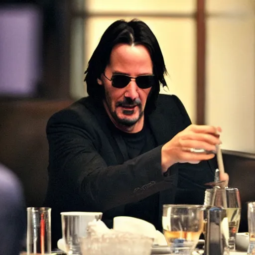 Prompt: Keanu Reeves having a dinner at the moon