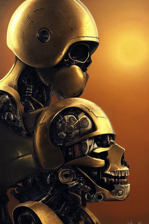 Prompt: Close-up portrait of a robot with a human white skull inside the helmet, dramatic backlighting, artificial eyes built with chips, golden hour, autochrome, high contrast, highly detailed, sharp focus, focused macro photography, digital painting, concept art, illustration, cyberpunk, solarpunk, trending on artstation, art by greg rutkowski and greg hildebrandt, composition by Alphonse mucha