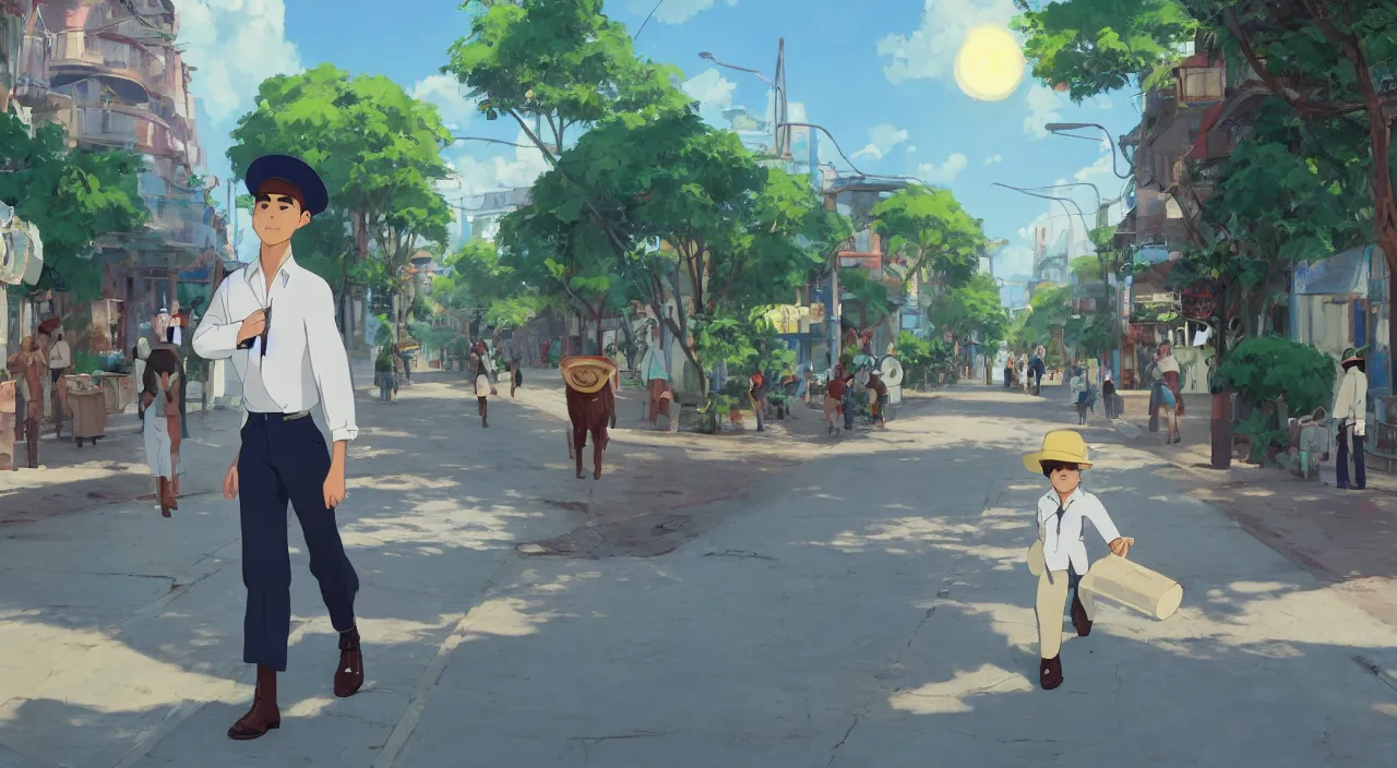 Image similar to a young man wearing a canotier cuban hat, crisp white linen shirt and slacks, leather boots, walking in a havanese stree in 1 9 0 0, genndy tartakovsky, atey ghailan, goro fujita, studio ghibli, rim light, mid morning lighting, clear focus, very coherent