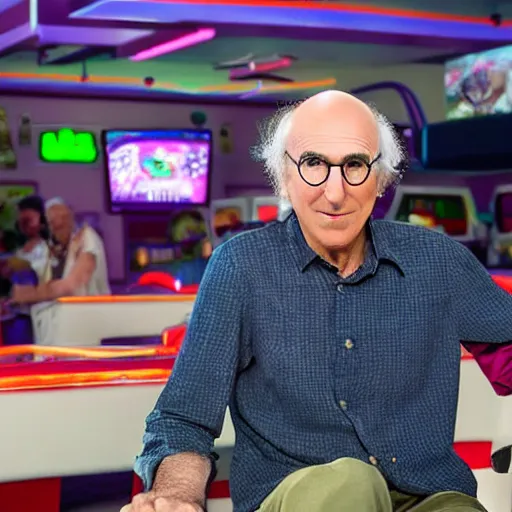 Image similar to larry david at a chuck-e-cheese, 8k, photograph