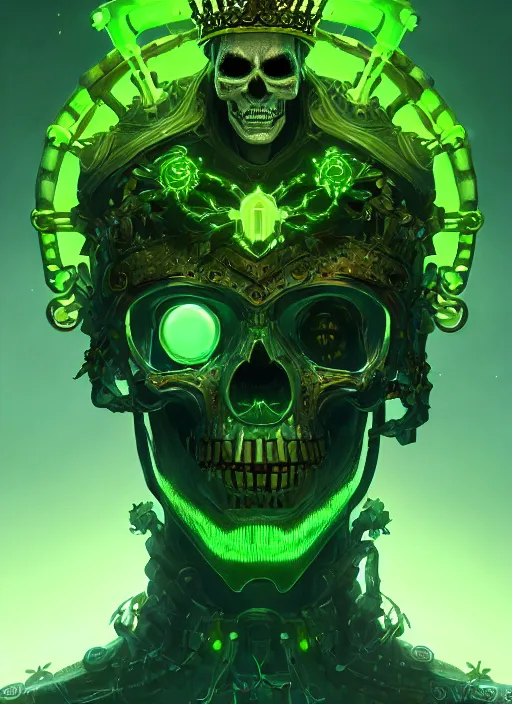 Image similar to portrait of a cyber skeleton, holding a glowing green crown of phantasmal swords, intricate, glowing lights, highly detailed, digital painting, artstation, concept art, smooth, sharp focus, illustration, art by wlop, mars ravelo and greg rutkowski