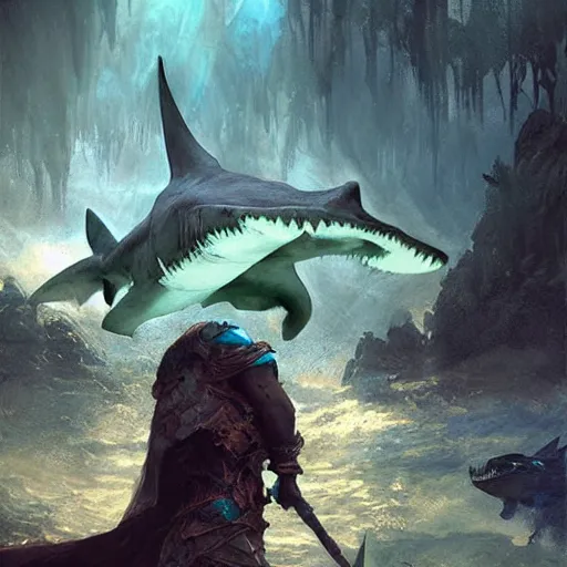 Image similar to blue crocodile shark hybrid, epic fantasy style art by Craig Mullins, fantasy epic digital art, epic fantasy card game art by Greg Rutkowski