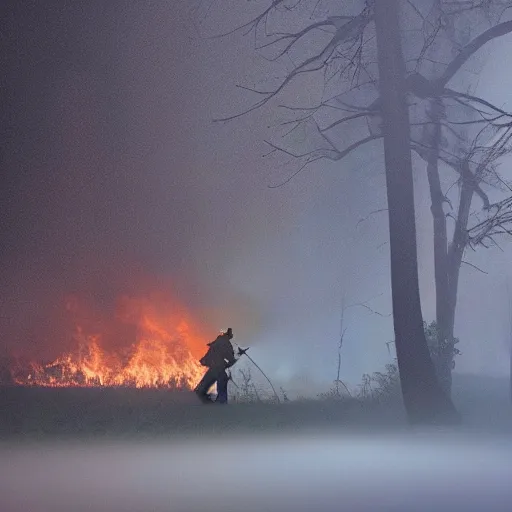 Image similar to stunning award winning photograph of a firefighter spraying water on a burning tree on a foggy night