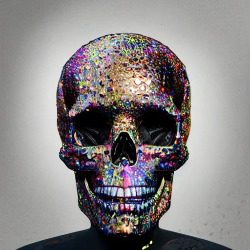 Image similar to portrait_of_glossy metalic skull with glitch effects._intricate_abstract._psychedelic_liquod_embossed_intricate_artwork._by_Tooth_Wu_wlop_beeple_dan_mumford._octane_render_trending_on_artstat