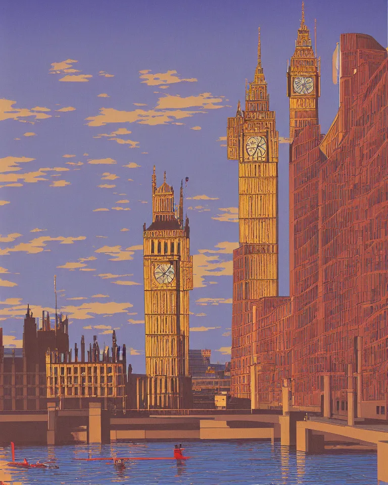 Image similar to city of london, london bridge, big ben, art by hiroshi nagai