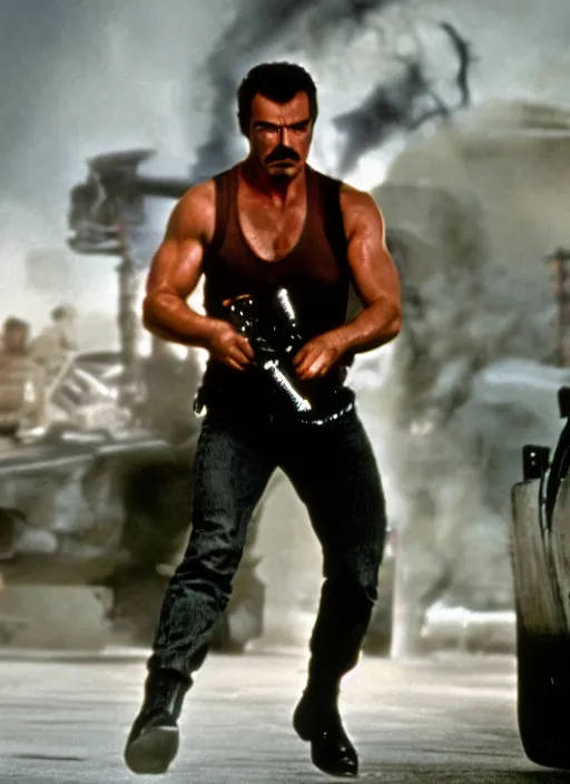 Image similar to film still of tom selleck as the terminator in the terminator, 4 k