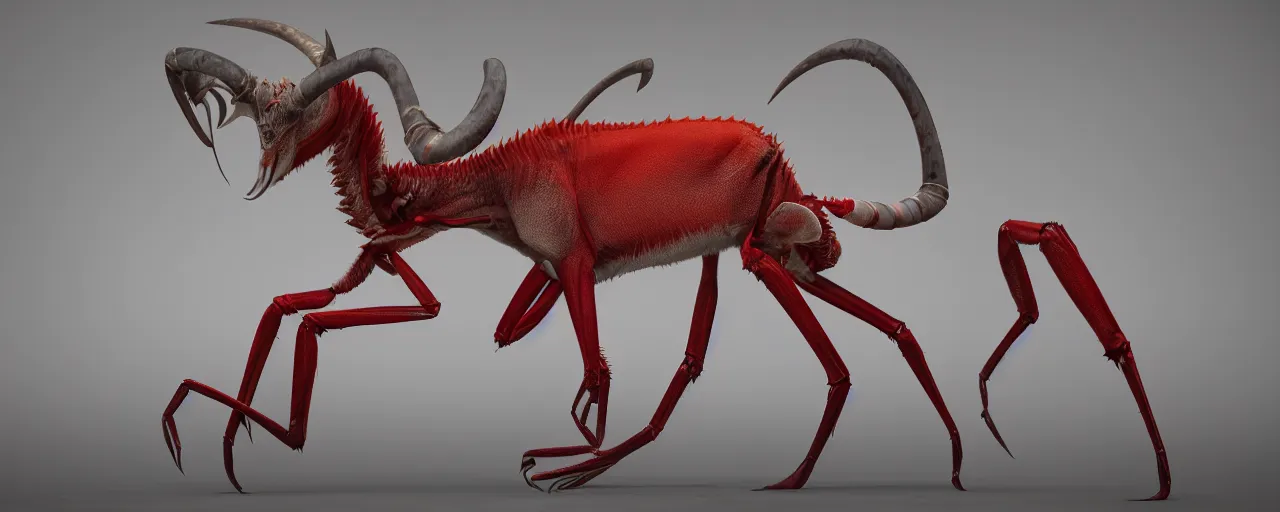 Image similar to creature design, an oryx gazelle with red crustacean carapace, fiddler crab claws, palp eyes, cryptid, cinematic lighting, octane render, cinematic aura lighting, atmospheric, photorealistic, hyperdetailed 3 d matte painting, hyperrealism, hyperrealistic