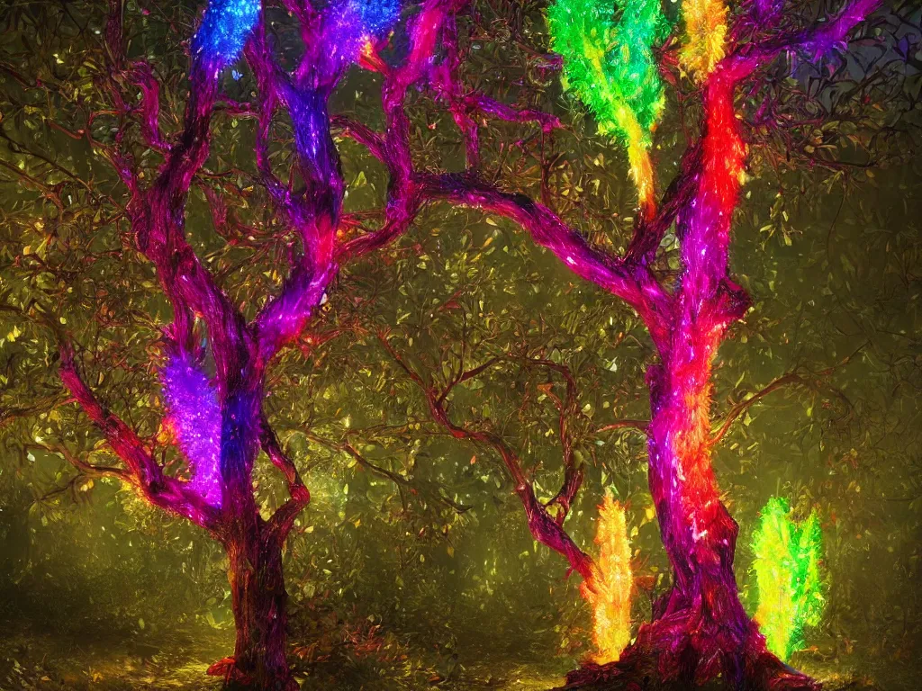 Image similar to A tree made out of brightly glowing feathers in an enchanted forest, trending on artstation