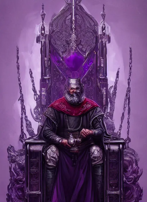 Image similar to a full length portrait of an old medieval king on the cyberpunk throne, dark purple color scheme, grim - lighting, high - contrast, intricate, elegant, highly detailed, digital painting, artstation, concept art, smooth, sharp focus, illustration