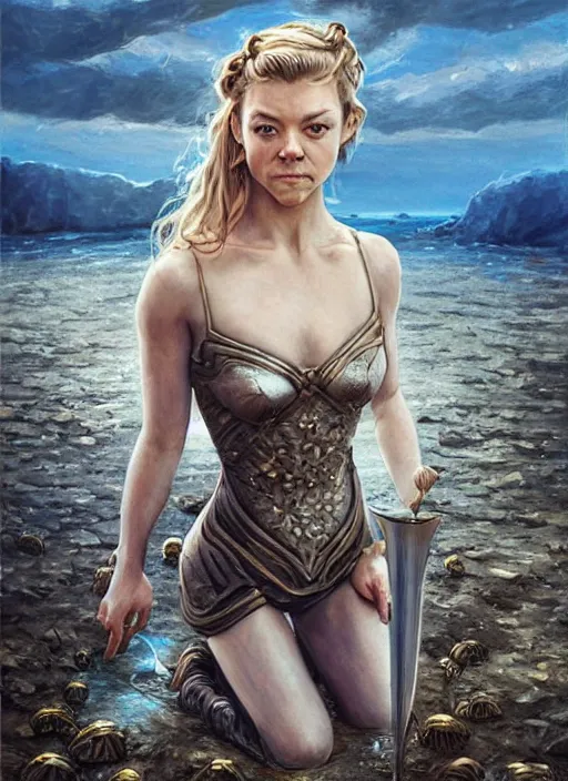 Image similar to Natalie Dormer as Margaery Tyrell as a ruggedly handsome heroine kneeling next to a glowing artifact lodged in shallow water, intricate, elegant, highly detailed, artstation, concept art, smooth, sharp focus, illustration, art by artgerm and donato giancola and Joseph Christian Leyendecker, WLOP, fireflies