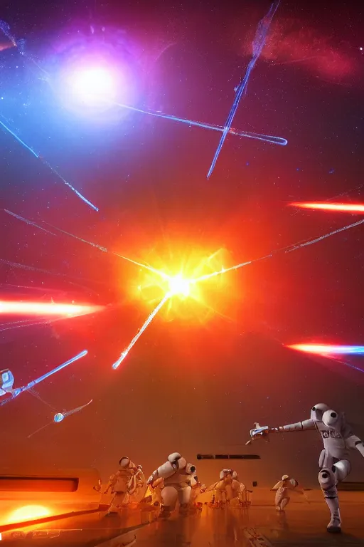 Image similar to wide view of a dozen futuristic spacemen firing lasers, zero gravity, floating, in space, bright, hiding behind obstacles, surrounded by a laser grid, stars visible, unreal engine, lensflares, low perspective, fish eye