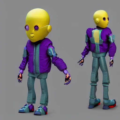 Image similar to kid robot with purple jacket design by fabricio campos and lidia morales, character modeling, toy design, substance 3 d painter, blender, mental ray, zbrush, stylized, portrait, studio photo, 7 0 mm lens, trending in behance