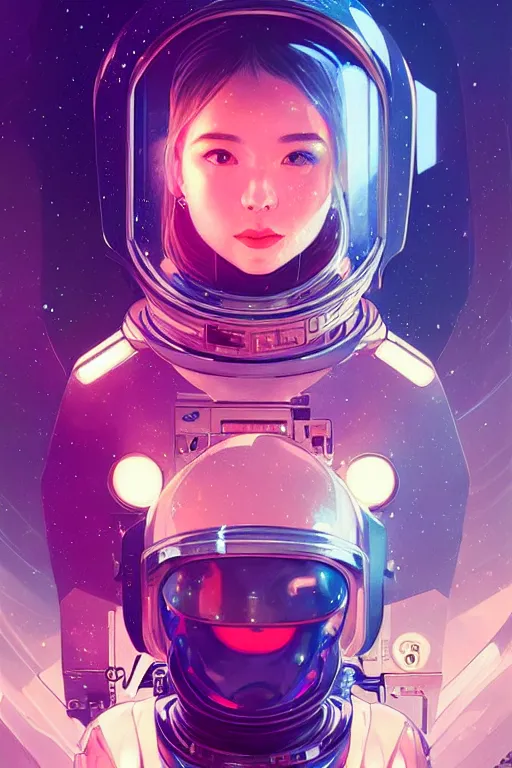 Image similar to portrait armored astronaut girl, inside spaceship command room viewing galaxy, ssci-fi neon light and fantasy, intricate and very very beautiful and elegant, highly detailed, digital painting, artstation, concept art, smooth and sharp focus, illustration, art by tian zi and WLOP and alphonse mucha