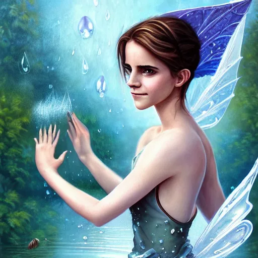 Image similar to a epic mark brooks painting of emma watson as a water fairy holding a raindrop and smiling, 8 k, ultra detailed, lighting, water, big leaves, pond, illustration, trending on art station, digial art by lois van baarle