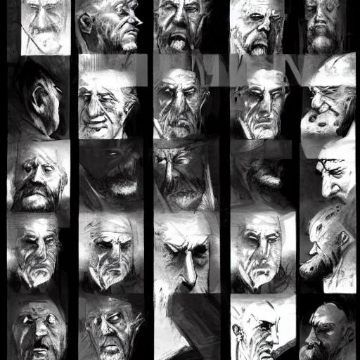 Image similar to faces reference sheet of old - man by ashley wood and j. m. w. turner, speed painting, matte painting, monochrome