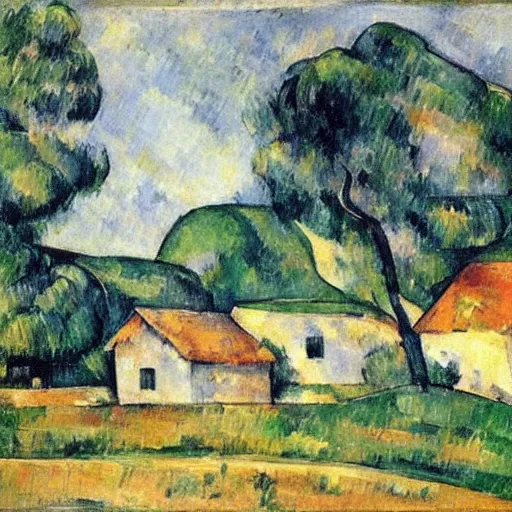 Image similar to small homestead on the edge of a lake, by Paul Cézanne