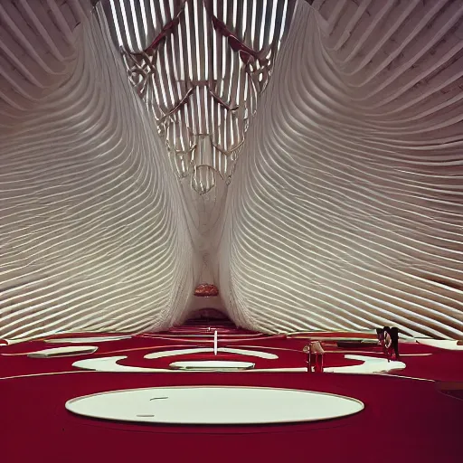 Image similar to interior of a futuristic lotus temple space station with gold, red and white marble panels, by santiago calatrava and zaha hadid and buckminster fuller and syd mead, intricate contemporary architecture, photo journalism, photography, cinematic, national geographic photoshoot