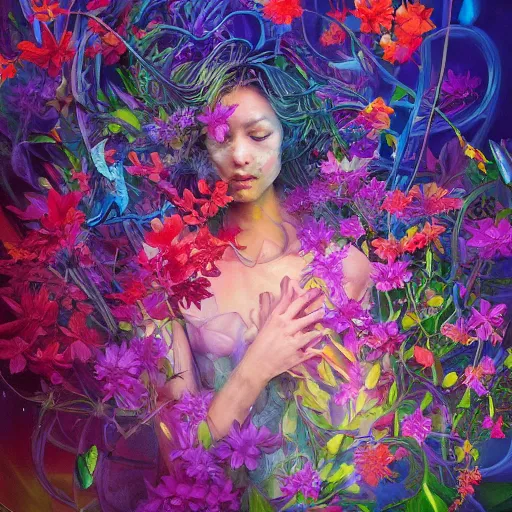 Prompt: a huge group of colorful flowers, entangled foliage, very large transparent blossoms, light and strong shadow, mystically glowing, vivid, detailed painting, by Ross Tran and James Jean and Dan Santat, masterpiece, award winning painting