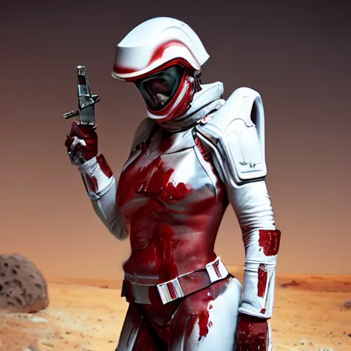 Prompt: a young female soldier wearing blood-spattered glossy sleek white dinged scuffed armor and a long torn red cape, heroic posture, determined expression, elegant, no helmet, on the surface of mars, dramatic lighting, cinematic, sci-fi, hyperrealistic, detailed
