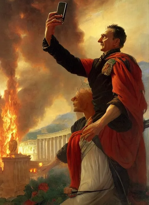 Prompt: julius caesar taking a selfie as rome burns behind him by vladimir volegov and alexander averin and pierre auguste cot and delphin enjolras