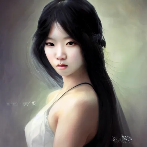 Image similar to Asian girl, watery black eyes, long wavy black hair, white veil, front closeup, highly detailed, centered, oil painting, artstation, concept art by Tran Ross