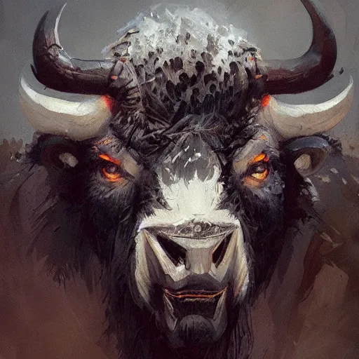 Prompt: angry bison portrait by greg rutkowski and frank frazetta, dark fantasy, blue, artstation