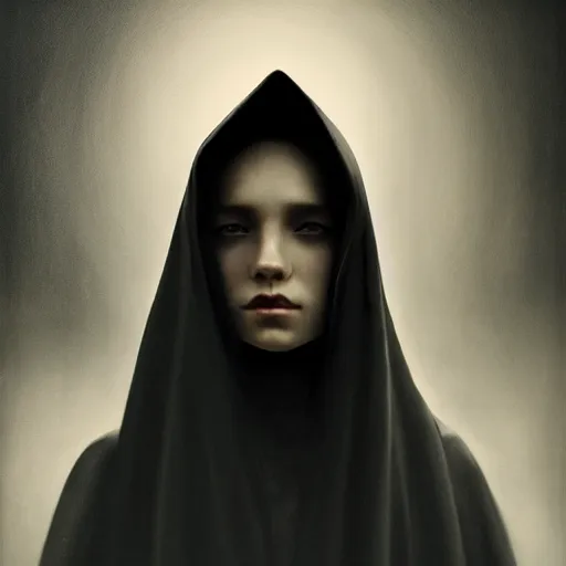 Image similar to a portrait of a young woman wearing a long dark cloak, hood and shadows covering face, anatomically correct, beautiful perfect face, enigmatic, oil painting, matte painting, black background, Volumetric Golden dappled dynamic lighting, Highly Detailed, Cinematic Lighting, Unreal Engine, 8k, HD, by Beksinski