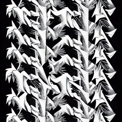 Image similar to a pattern of white wolves transitioning into black geese by mc escher, goose geese black, wolves canine species white, hexagonal pattern, crystallography, intricate details, shading, ink dots, mathematical interlocking, puzzle, screen print, lithography, frameless
